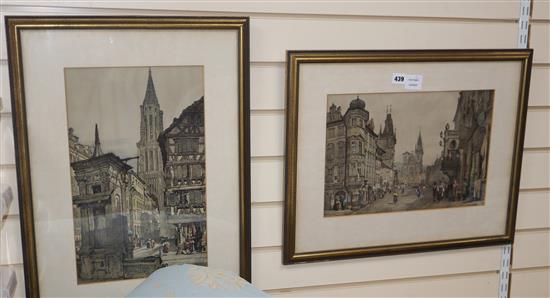 After Samuel Prout, pair of colour lithographs, Views of Prague and a French street, largest 43 x 26cm